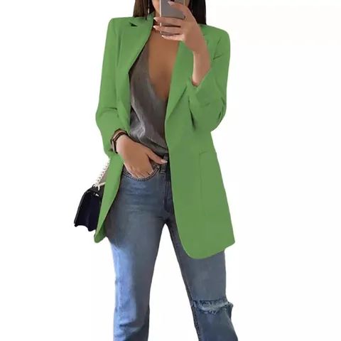 Women Notch Lapel Blazer Jacket Slim Fit Open Front Long Sleeve Casual Office Work Coat With Pockets Polyester Outerwear