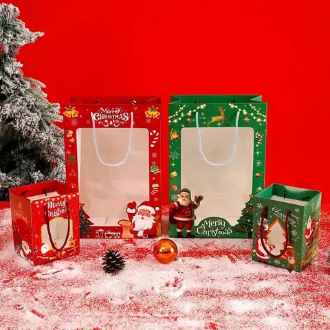Bolsas de Regalo de Navidad Pack de 10 Unidades Papá Noel Reno Bolsas de Papel Con Asa Ventana Para Dulces Galletas Fiesta