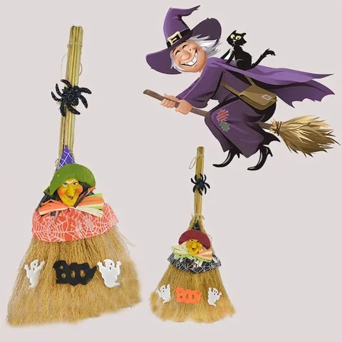 Halloween Witch Broom Party Decoration Prop Plastic Straw Wizard Broomstick Festival Party Decorative Supplies