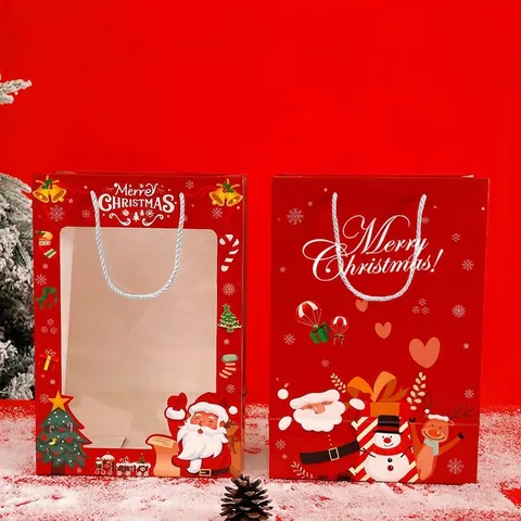 Bolsas de Regalo de Navidad Pack de 10 Unidades Papá Noel Reno Bolsas de Papel Con Asa Ventana Para Dulces Galletas Fiesta