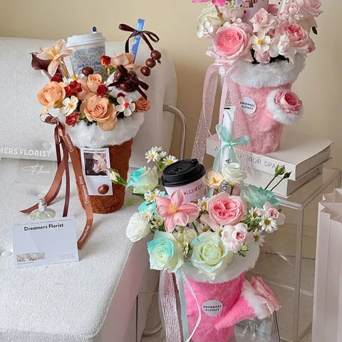 Creative Plush Milk Tea Ice Cream Bucket Flower Packaging Box DIY Flannel Flower Arrangement Gift Box For Wedding Christmas Valentine