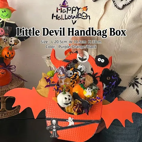 Halloween Little Devil Handheld Gift Box Bat Wing Horn Design Flower Packaging DIY Basket Festive Party Favor Supplies