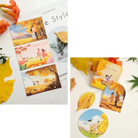 Romantic Autumn Ginkgo Leaf Shaped Greeting Cards Set Ins Style Couple Illustration Postcards For Flower Bouquet Decor Gift