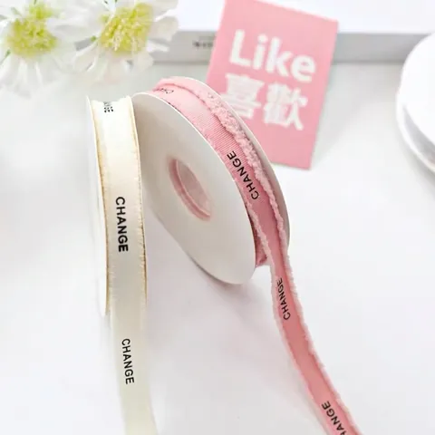 Frayed Edge Grosgrain Ribbon With Letter Print Polyester Decorative Ribbon For Flower Bouquet Cake Gift Wrapping Accessory
