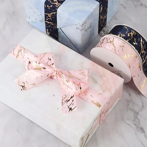 Marble Pattern Polyester Satin Ribbon Gold Stamped Bronzing Craft Decorative Ribbon For Gift Wrapping Wedding Party Decor
