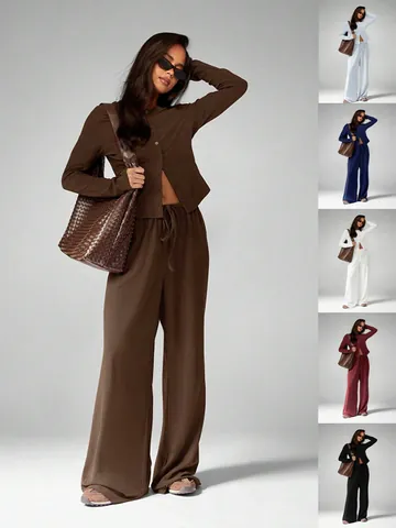 Women's Casual Polyester Top And Bottom Set Long Sleeve Ribbed Cardigan And High Waist Drawstring Wide Leg Pants Clothing