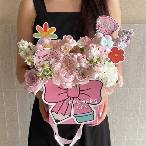 Creative Teacher's Day Pink Bow Pencil Design Handheld Flower Box Embossed Paper Gift Box For Gifting Floral Arrangements