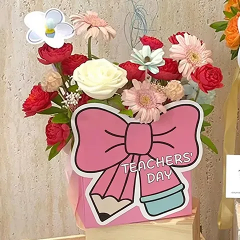 Creative Teacher's Day Pink Bow Pencil Design Handheld Flower Box Embossed Paper Gift Box For Gifting Floral Arrangements