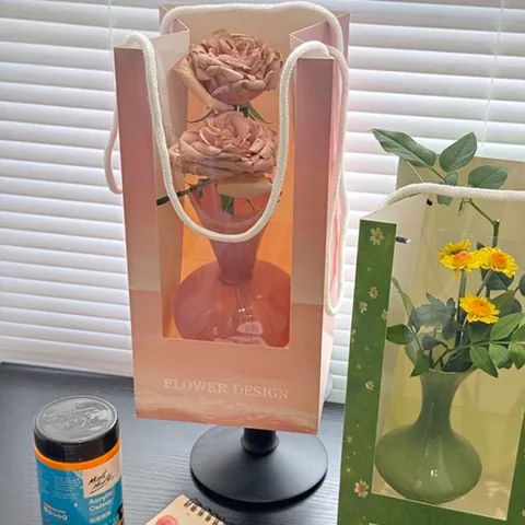 Flower Packaging Gift Bag With Transparent Window Handheld Portable Paper Floral Wrap Bag For Birthday Wedding Party DIY Flower Arrangement Decor