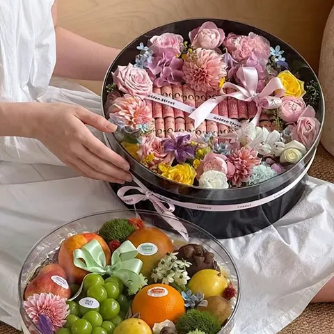 Large Clear PET Round Flower Box Transparent Plastic Cylinder Gift Packaging Box For Fruit Gift Florist Material With Lid