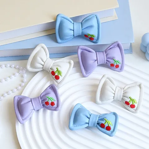 3D Padded Leather Bowknot Accessory With Cherry Embroidery Fashionable Dopamine Style Flower Decoration Padded Bow Ornament For Gift Wrapping DIY Craft Women Accessory