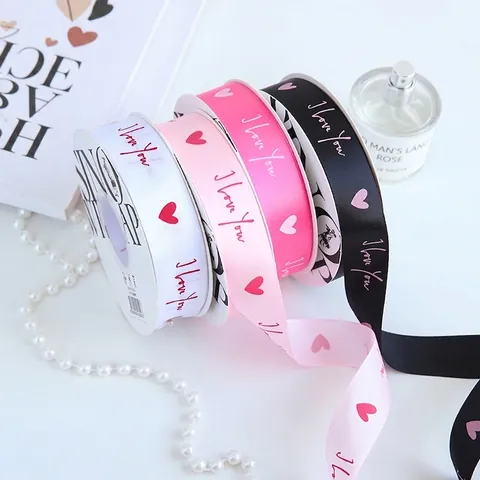 Romantic Heart Printed Satin Ribbon I Love You Lettering Decorative Webbing For Flower Bouquet Gift Box Wrapping Wedding Party Decor