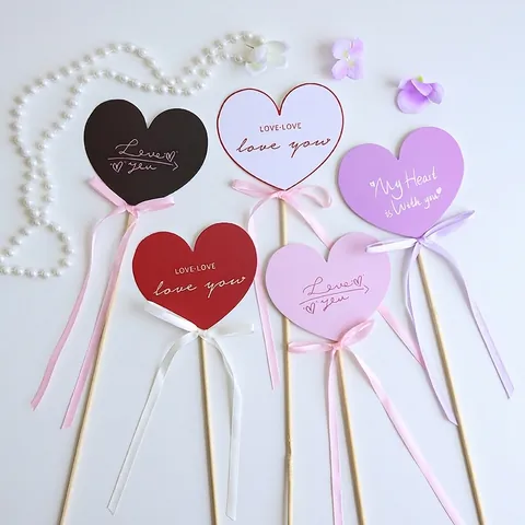 Heart Shaped Message Card Bouquet Decoration With Wooden Stick Bow For Valentine Day Flower Arrangement Gift Card Pack