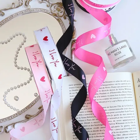 Romantic Heart Printed Satin Ribbon I Love You Lettering Decorative Webbing For Flower Bouquet Gift Box Wrapping Wedding Party Decor