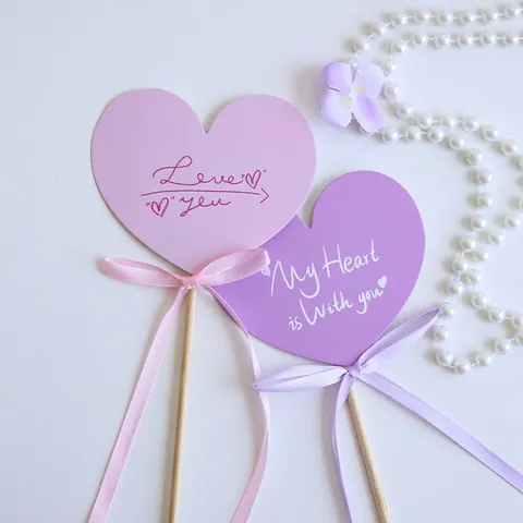 Heart Shaped Message Card Bouquet Decoration With Wooden Stick Bow For Valentine Day Flower Arrangement Gift Card Pack