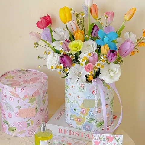 Floral Print Flower Hug Bucket Gift Box Set Cylindrical Paper Flower Packaging Box For Mother Day Florist Supplies Wedding Party