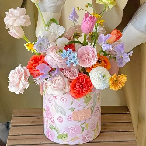 Floral Print Flower Hug Bucket Gift Box Set Cylindrical Paper Flower Packaging Box For Mother Day Florist Supplies Wedding Party