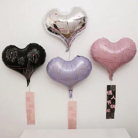 Globo de Película de Aluminio en Forma de Corazón Estampado de Fuegos Artificiales Románticos Castillo Para San Valentín Año Nuevo Boda Fiesta Decoración