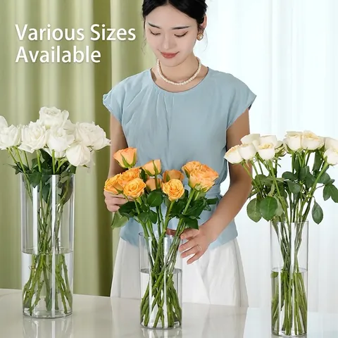 Modern Transparent Plastic Flower Vase Shatterproof Cylindrical Vase For Living Room Home Office Decorative Desktop Flower Pot