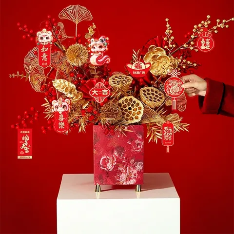 Chinese New Year Flower Bucket Red Specialty Paper Decorative Floral Pattern Gift Container For Home Festival Spring Decor