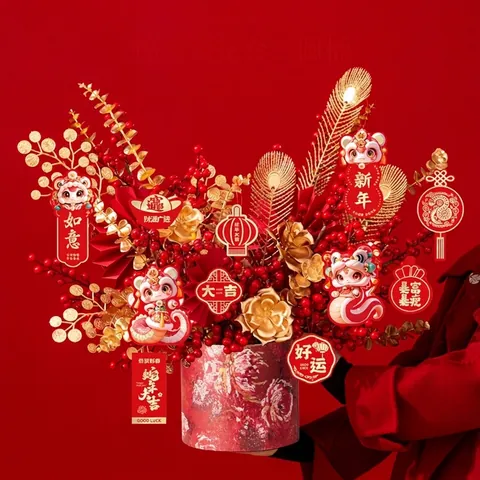 Chinese New Year Flower Bucket Red Specialty Paper Decorative Floral Pattern Gift Container For Home Festival Spring Decor