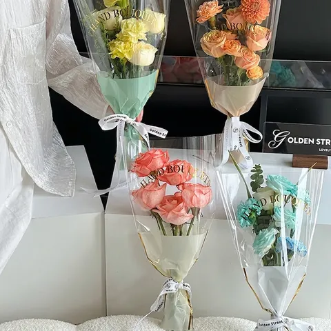 Gemini Series Transparent Flower Bouquet Packaging Bag Waterproof OPP Plastic Gift Wrap Bag With Gold Foil Letter For Wedding Festival 30 Sheets