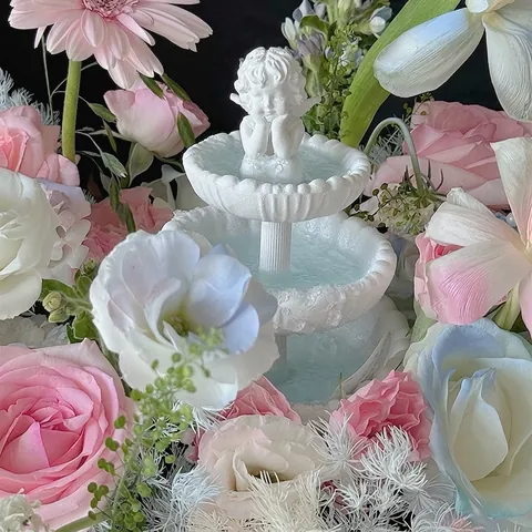 Vintage European Angel Wishing Fountain Cake Topper Flower Box DIY Decoration Resin Cherub Ornament For Wedding Party Home Decor