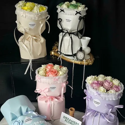 Cute Lolita Style Waterproof Flower Wrapping Paper With Lace Border Bow Ornament Elegant Bouquet Floral Packaging Material