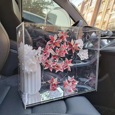 Transparent Acrylic Handheld Flower Gift Box Elegant Clear Floral Arrangement Packaging Case For Wedding Party Home Decor