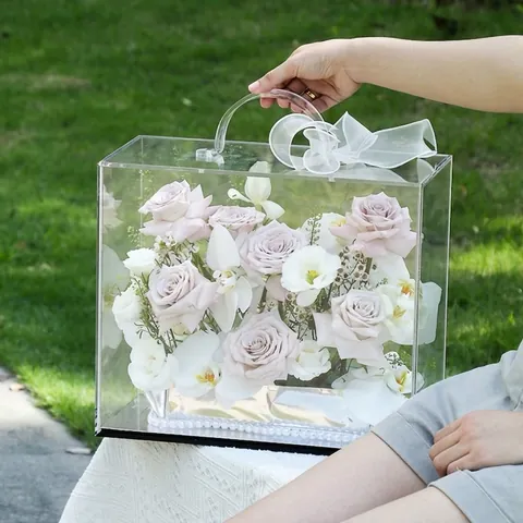 Transparent Acrylic Handheld Flower Gift Box Elegant Clear Floral Arrangement Packaging Case For Wedding Party Home Decor