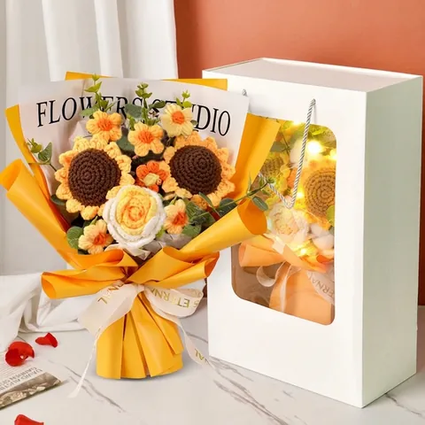 Handmade Crochet Sunflower Yarn Flowers DIY Floral Arrangement Material Pack With Iron Wire Teddy Velvet Fabric For Gift Packaging Home Decor