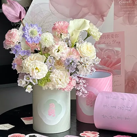 Mother's Day Flower Hug Bucket Cylindrical Cardboard Gift Packaging Box With Tassel For Mom Birthday Wedding Party Floral Design