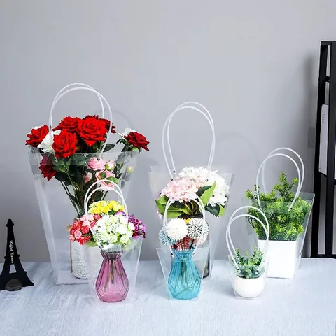 Transparent PVC Flower Packaging Bag Waterproof Trapezoidal Square Long Handle Gift Tote Bag For Bouquet Wedding Party Favors