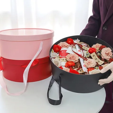 Round Waterproof Gift Boxes Nested Set With Handle Clear Window For Flower Fruit Handheld Round Box Flower Arrangement Party Gift Packaging