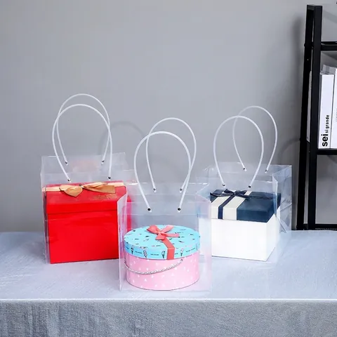 Transparent PVC Flower Packaging Bag Waterproof Trapezoidal Square Long Handle Gift Tote Bag For Bouquet Wedding Party Favors