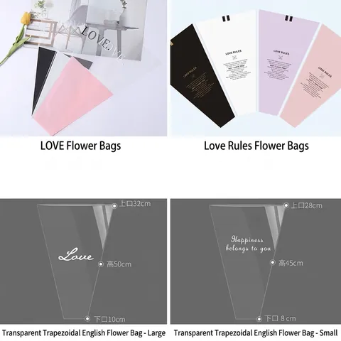 Waterproof Plastic Flower Bouquet Wrapping Bag Romantic Love Print Transparent Cellophane Florist Packaging For Valentine