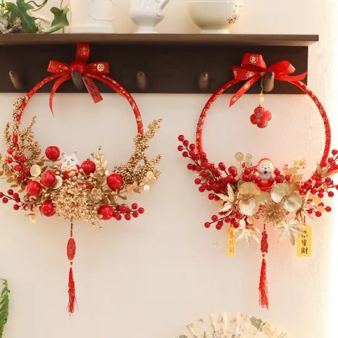Traditional Chinese New Year Wreath Decoration Set Red Golden Paper Fan Lucky Cat God Of Wealth Artificial Gingko Leaf Branches For Spring Festival Housewarming Party Home Wall Hanging Decor