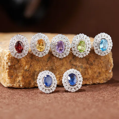 925 Sterling Silver Natural Gemstone Stud Earrings For Women Oval Amethyst Citrine Topaz Garnet Luxury Rhinestone Jewelry