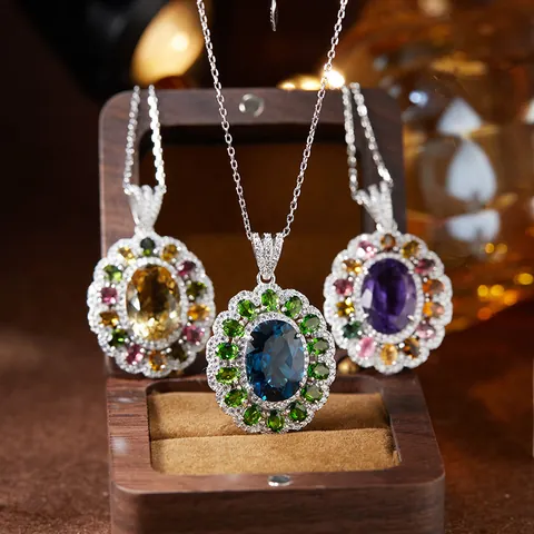 S925 Sterling Silver Natural Amethyst Citrine Topaz Rose Quartz Pendant Necklace For Women Vintage Flower Gemstone Jewelry Necklace