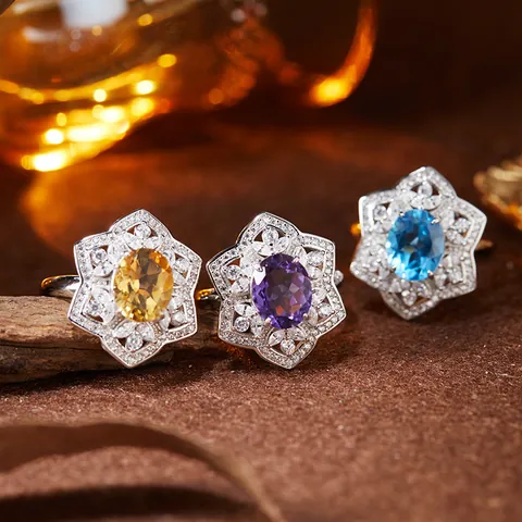 S925 Sterling Silver Vintage Floral Ring Natural Citrine Amethyst Blue Topaz Inlaid Rhinestone Cocktail Party Jewelry Ring For Women
