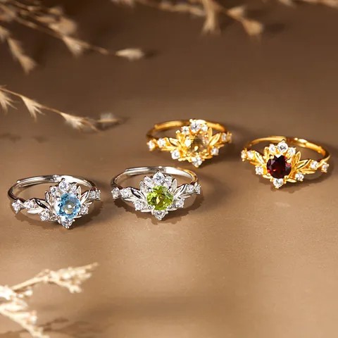 Vintage S925 Silver Branch Leaf Open Ring For Women Natural Citrine Peridot Garnet Topaz Gemstone Inlaid Jewelry Gift