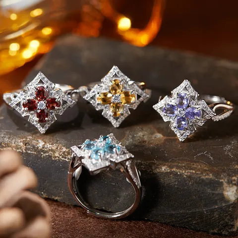 Vintage S925 Sterling Silver Natural Citrine Tanzanite Peridot Garnet Ring For Women Adjustable Flower Cross Gemstone Jewelry