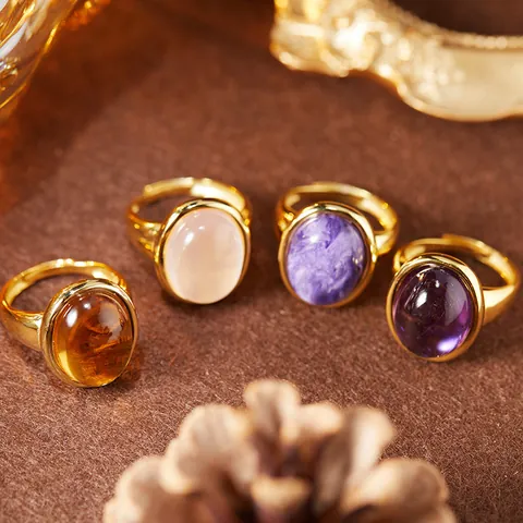Minimalist 925 Sterling Silver Gold Plated Natural Amethyst Citrine Rose Quartz Oval Cabochon Open Ring For Women Men Vintage Jewelry Gift