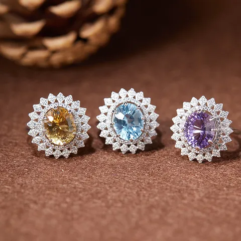 Natural Citrine Amethyst Topaz Sunflower Ring S925 Sterling Silver Rhinestone Inlaid Open Adjustable Flower Ring for Women