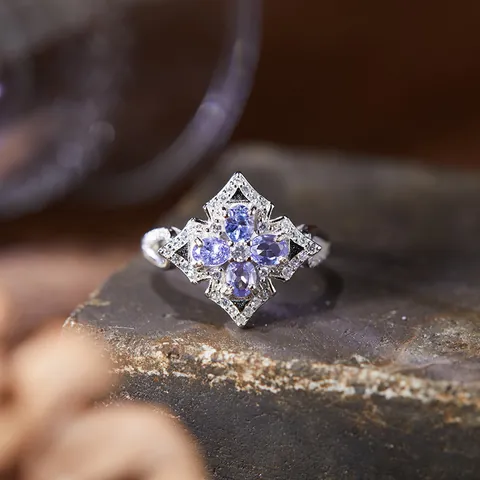 Vintage S925 Sterling Silver Natural Citrine Tanzanite Peridot Garnet Ring For Women Adjustable Flower Cross Gemstone Jewelry