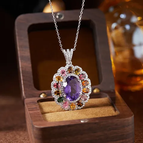 S925 Sterling Silver Natural Amethyst Citrine Topaz Rose Quartz Pendant Necklace For Women Vintage Flower Gemstone Jewelry Necklace