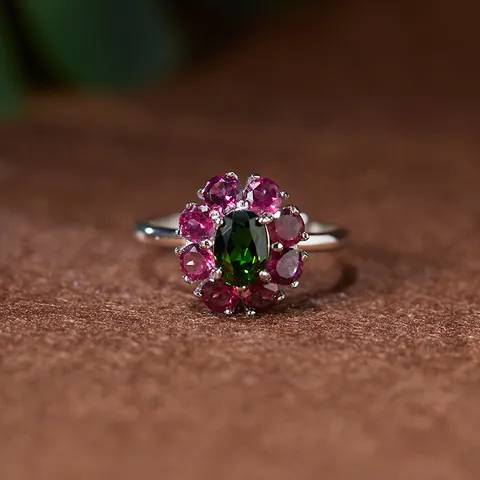 Anello Aperto Floreale in Argento Sterling 925 per Donna Citrino Naturale Diopside Topazio Peridoto con Pietre Preziose Anello Regolabile