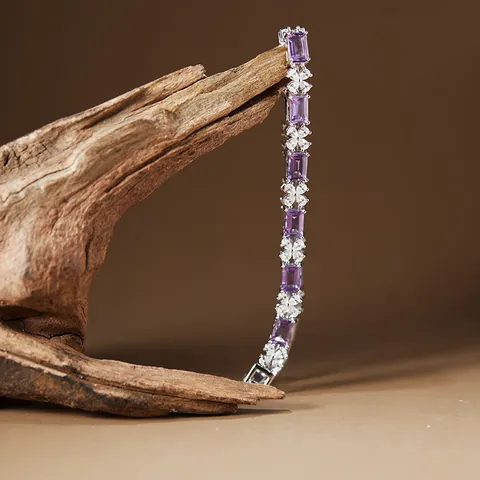 S925 Sterling Silver Natural Amethyst Bracelet For Women Rectangle Cut Purple Gemstone Rhinestone Flower Fine Jewelry Gift