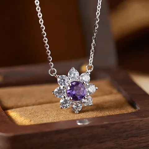 S925 Sterling Silver Natural Amethyst Citrine Garnet Topaz Peridot Flower Pendant Necklace For Women Rhinestone Floral Jewelry