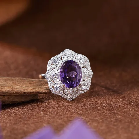 S925 Sterling Silver Natural Citrine Amethyst Topaz Ring For Women Vintage Hollow Lace Rhinestone Adjustable Finger Ring Jewelry
